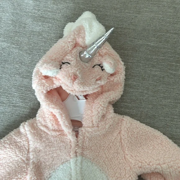 Carters hooded fleece Pink/white unicorn 1 piece outfit/costume. Size 9 mo. NWT - Picture 2 of 12